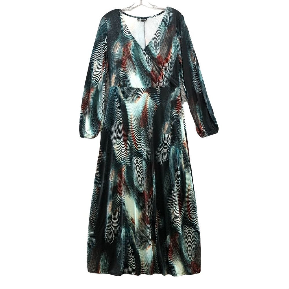 BODYFLIRT Long Sleeve Maxi Dress Size S Surplice‎ A-Line Teal Jersey Abstract